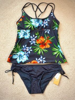 Kona Sol Black Tankini Set with Blue & Orange Floral Accents